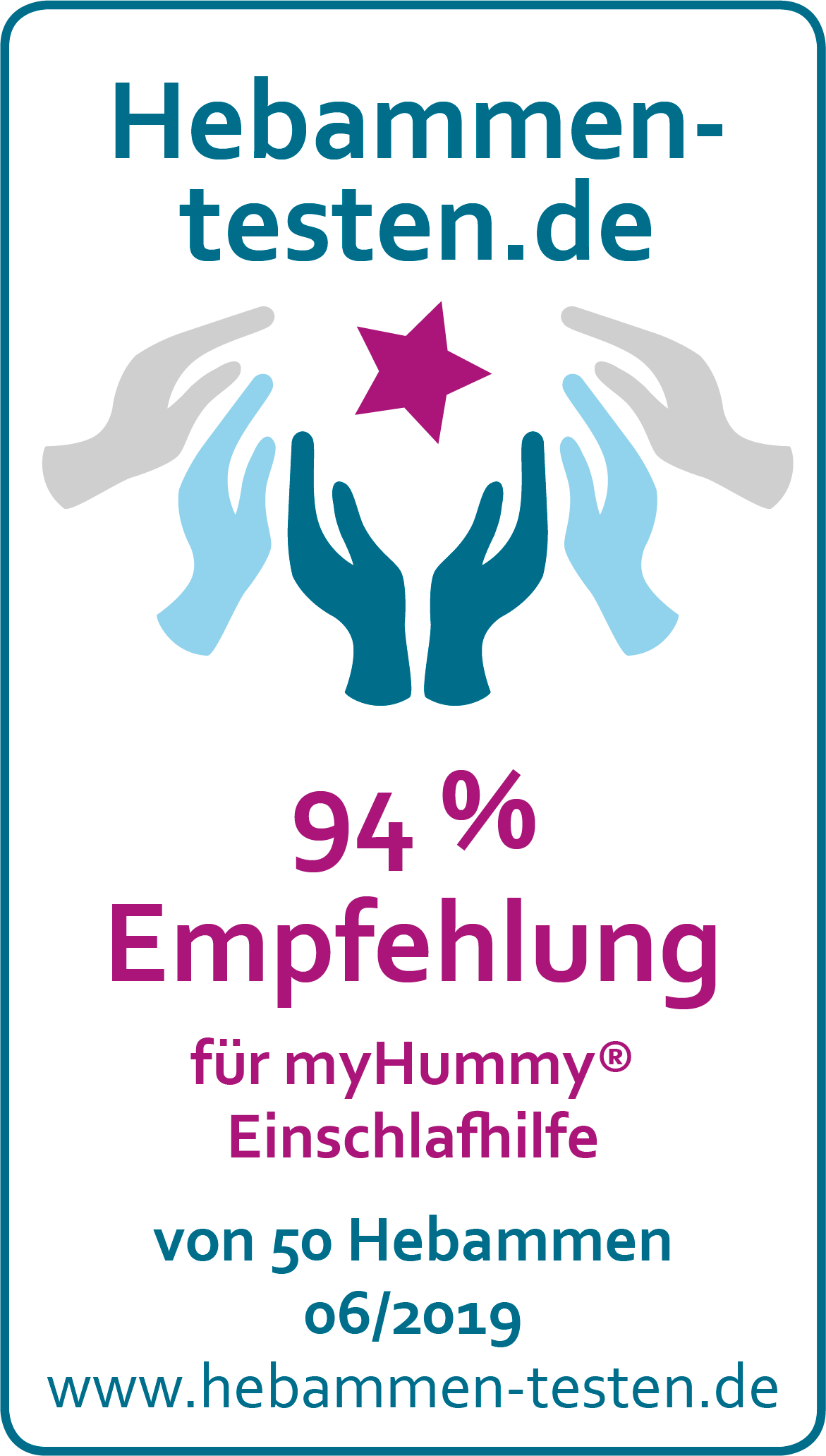 Hebammen-testen.de Siegel für myhummy Einschlafhilfe 94 % Empfehlung von 50 Hebammen im Juni 2019 getestet.
