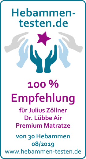 Hebammen-testen.de Siegel für Julius Zöllner Dr. Lübbe Air Premium Matratze 100 % Empfehlung von 30 Hebammen im August 2019 getestet.