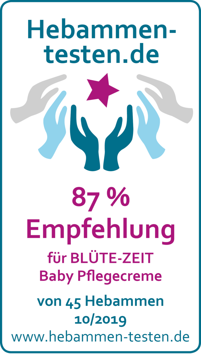 Hebammen-testen.de Siegel für Blüte-Zeit Baby Pflegecreme 87 % Empfehlung von 45 Hebammen im Oktober 2019 getestet.