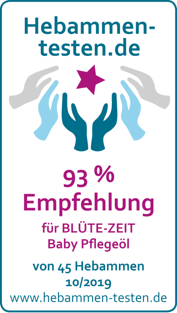 Siegel: 93 % Empfehlung von Hebammen-testen.de für BLÜTE-ZEIT Baby Pflegeöl