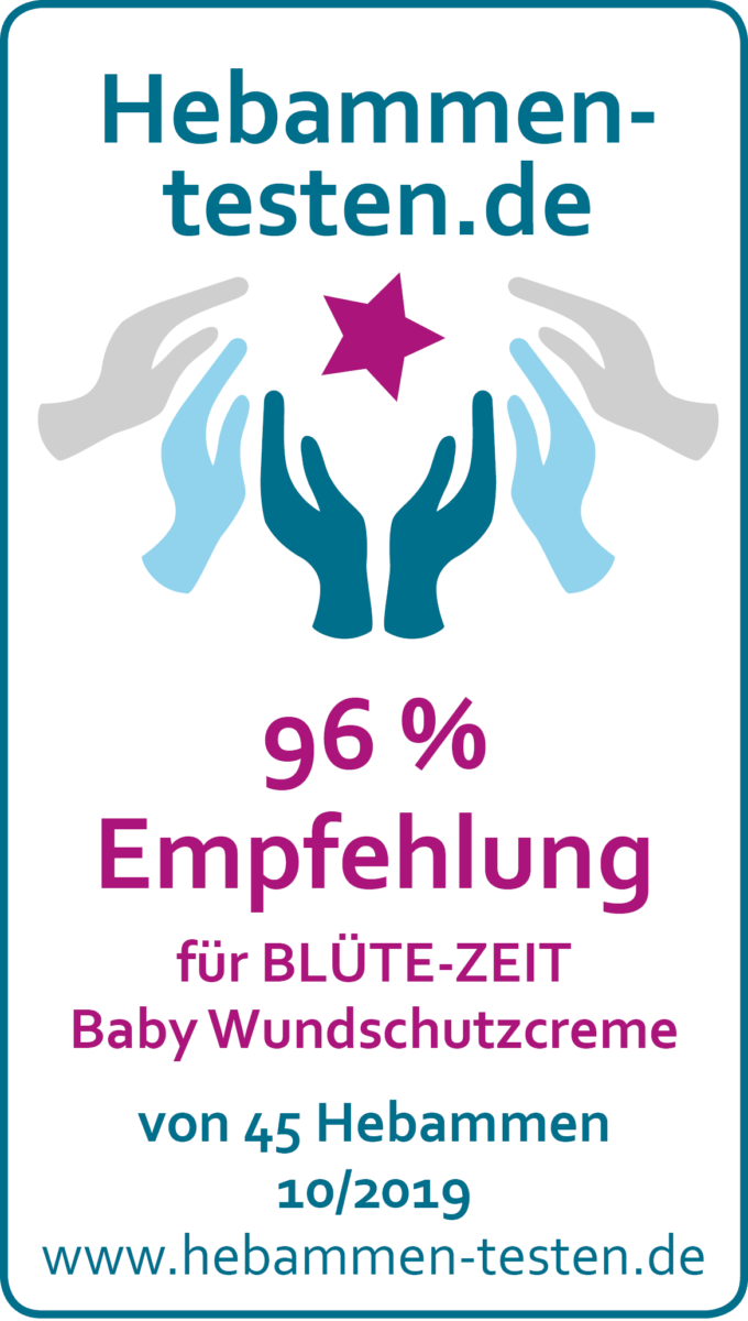 Hebammen-testen.de Siegel für Blüte-Zeit Baby Wundschutzcreme 96 % Empfehlung von 45 Hebammen im Oktober 2019 getestet.