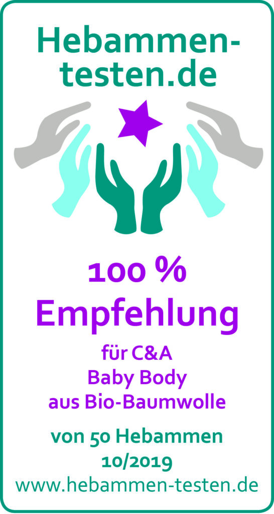 Siegel: 100 % Empfehlung von Hebammen-testen.de für C&A Baby Body aus Bio-Baumwolle