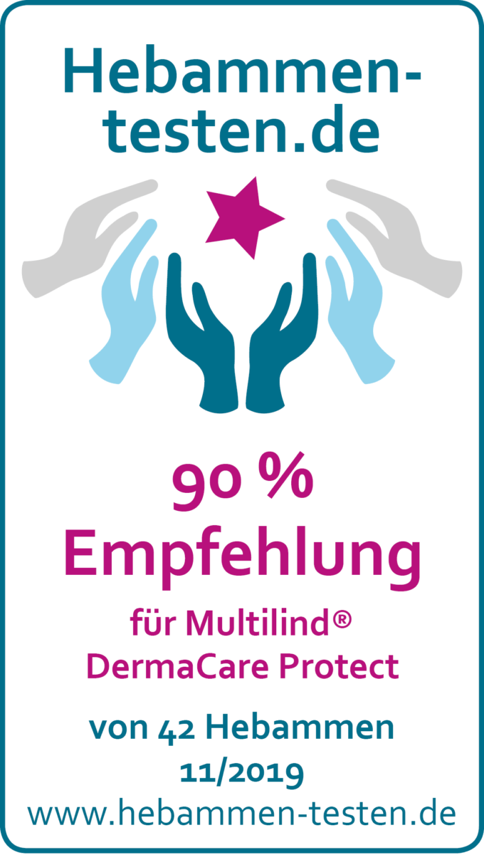 Hebammen-testen.de Siegel für Multilind DermaCare Protect 90 % Empfehlung von 42 Hebammen im November 2019 getestet.