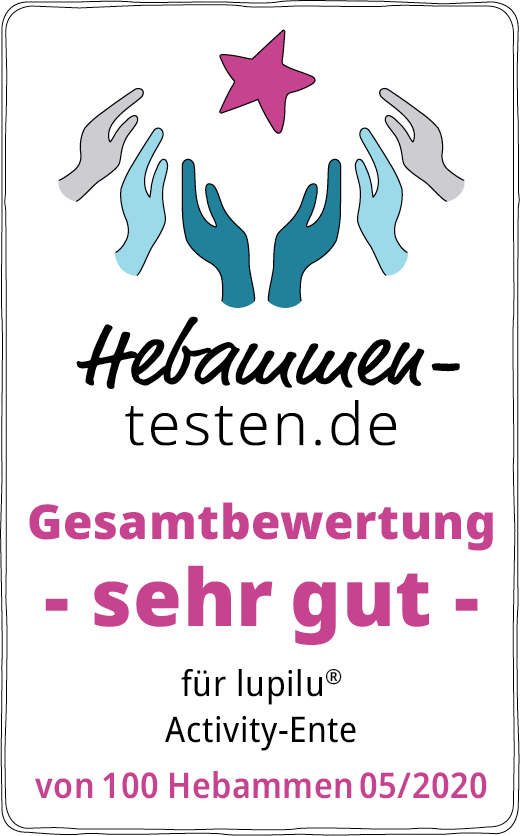 Hebammen-testen.de Siegel für lupilu Activity Ente Gesamtbewertung sehr gut von 100 Hebammen im Mai 2020 getestet.