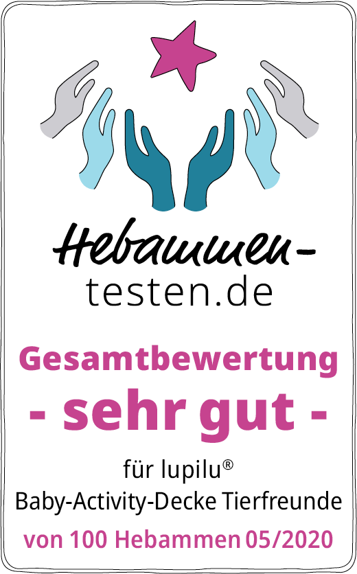 Hebammen-testen.de Siegel für lupilu Baby-Activity-Decke Tierfreunde Gesamtbewertung sehr gut von 100 Hebammen im Mai 2020 getestet.