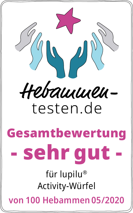Hebammen-testen.de Siegel für lupilu Activity Würfel Gesamtbewertung sehr gut von 100 Hebammen im Mai 2020 getestet.