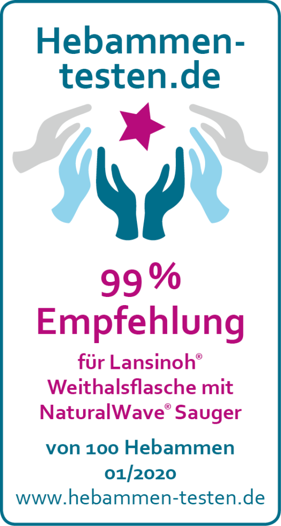 Siegel: 99 % Empfehlung von Hebammen-testen.de für Lansinoh® Weithalsflasche mit NaturalWave® Sauger