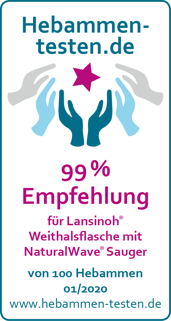 Hebammen-testen.de Siegel für Lansinoh Weithalsflasche mit NaturalWave Sauger 99 % Empfehlung von 100 Hebammen im Januar 2020 getestet.