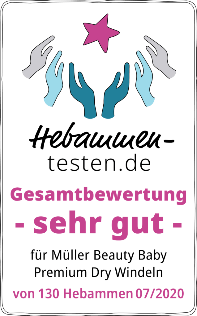 Hebammen-testen.de Siegel für Müller Beauty Baby Premium Dry Windeln Gesamtbewertung sehr gut von 130 Hebammen im Juli 2020 getestet.