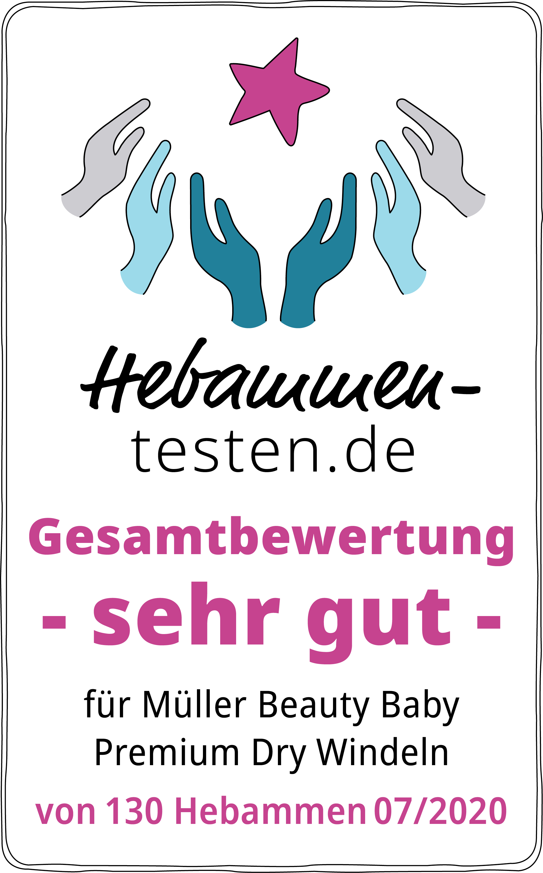Hebammen-testen.de Siegel für Müller Beauty Baby Premium Dry Windeln Gesamtbewertung sehr gut von 130 Hebammen im Juli 2020 getestet.