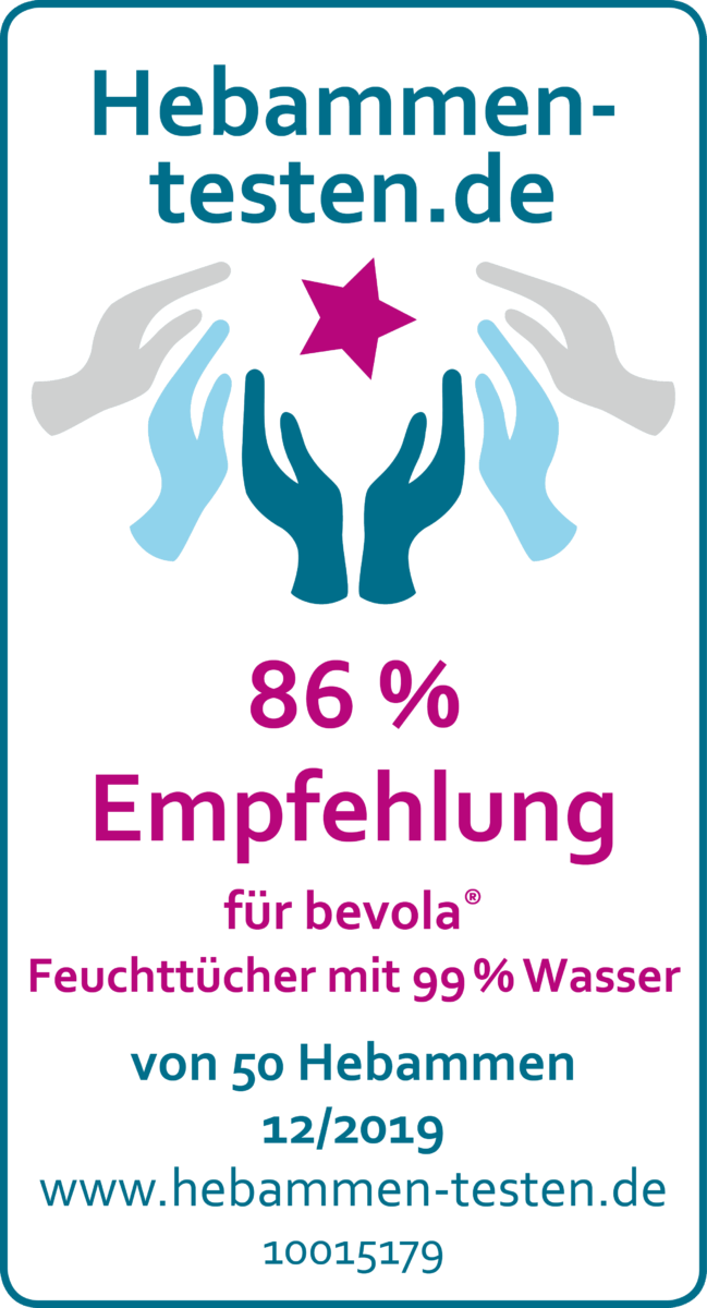 Hebammen-testen.de Siegel für bevola Feuchttücher mit 99 % Wasser 86 % Empfehlung von 50 Hebammen im Dezember 2019 getestet.