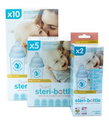 Bild der verschiedenen Verpackungsgrößen der Steri-bottle mit 2, 5 oder 10 Einwegfläschchen. Teil der #hebammentesten Box von Hebammen-testen.de