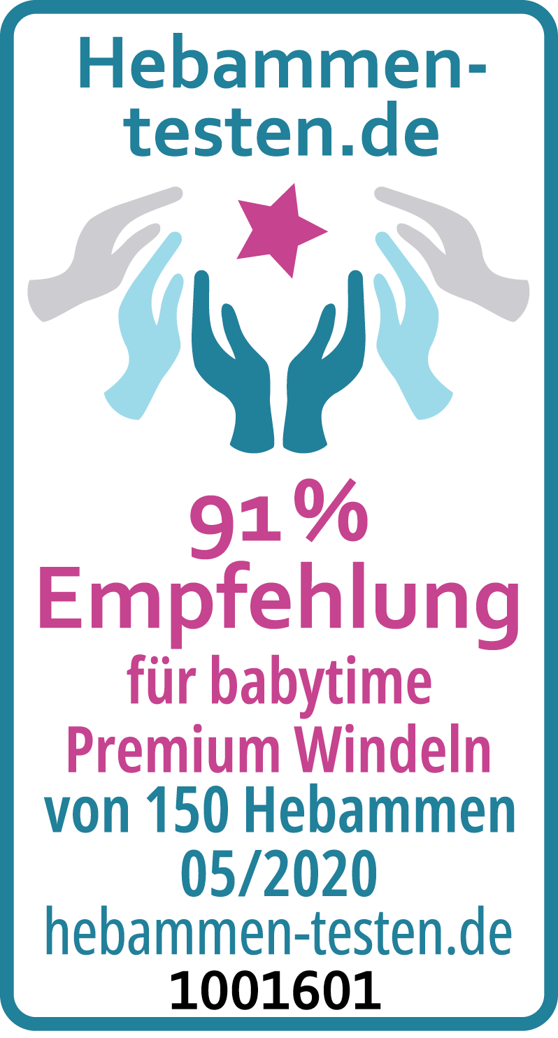 Hebammen-testen.de Siegel für babytime premium windeln 91 % Empfehlung von 150 Hebammen im Mai 2020 getestet.