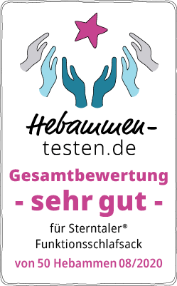 Hebammen-testen.de Siegel für Sterntaler Funktionsschlafsack Gesamtbewertung sehr gut von 50 Hebammen im August 2020 getestet.