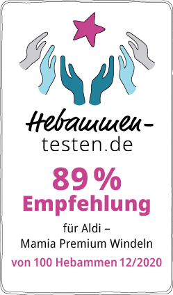 Hebammen-testen.de Siegel für Aldi Mamia Premium Windeln 89 % Empfehlung von 100 Hebammen im Dezember 2020 getestet.