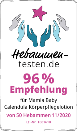Hebammen-testen.de Siegel für Mamia Baby Calendula Körperpflegelotion 96 % Empfehlung von 50 Hebammen im November 2020 getestet.