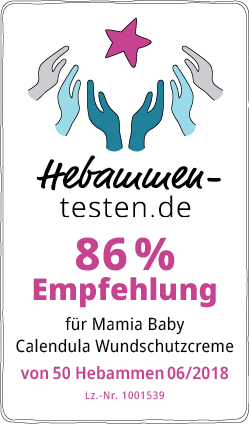 Hebammen-testen.de Siegel für Mamia Baby Calendula Wundschutzcreme 86 % Empfehlung von 50 Hebammen im Juni 2018 getestet.