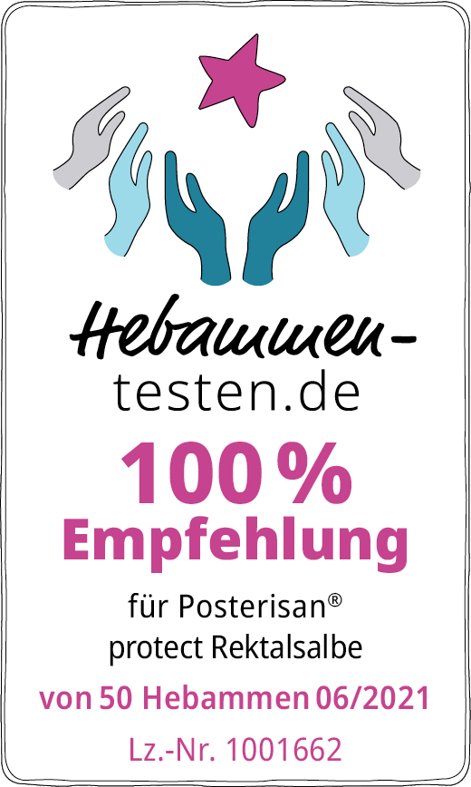 Hebammen-testen.de Siegel für Posterisan Protect Rektalsalbe 100 % Empfehlung von 50 Hebammen im Juni 2021 getestet.