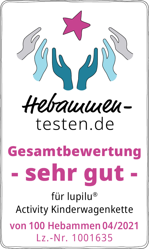 Hebammen-testen.de Siegel für lupilu® Activity Kinderwagenkette Gesamtbewertung sehr gut von 100 Hebammen im April 2021 getestet.
