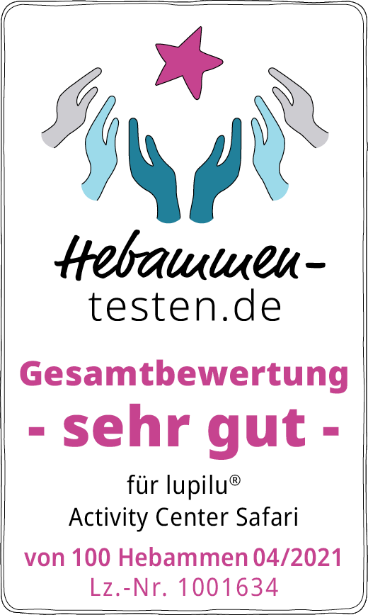 Hebammen-testen.de Siegel für lupilu® Activity Center Safari Gesamtbewertung sehr gut von 100 Hebammen im April 2021 getestet.