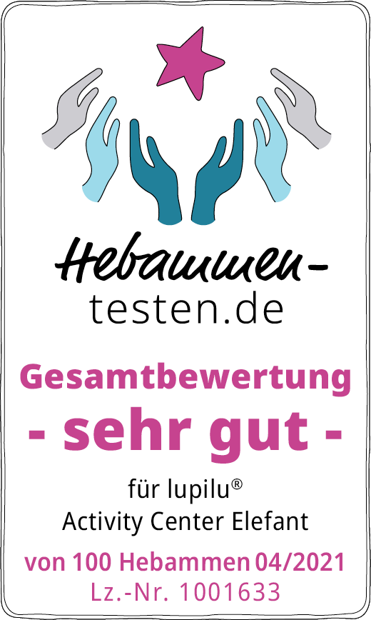 Hebammen-testend.de Siegel für lupilu® Activity Center Elefant Gesamtbewertung sehr gut von 100 Hebammen im April 2021 getestet.