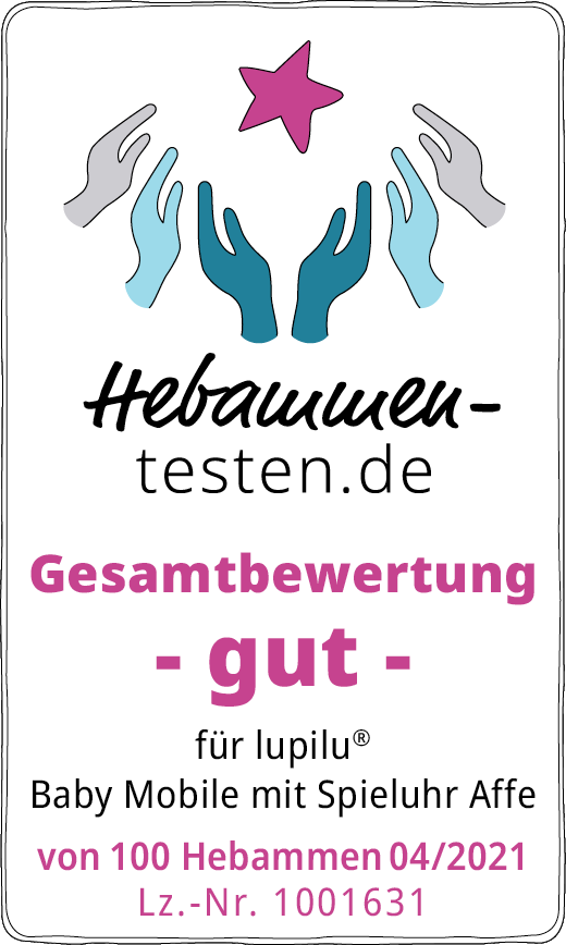 Hebammen-testen.de Siegel für lupilu® Baby Mobile mit Spieluhr Affe Gesamtbewertung gut von 100 Hebammen im April 2021 getestet.