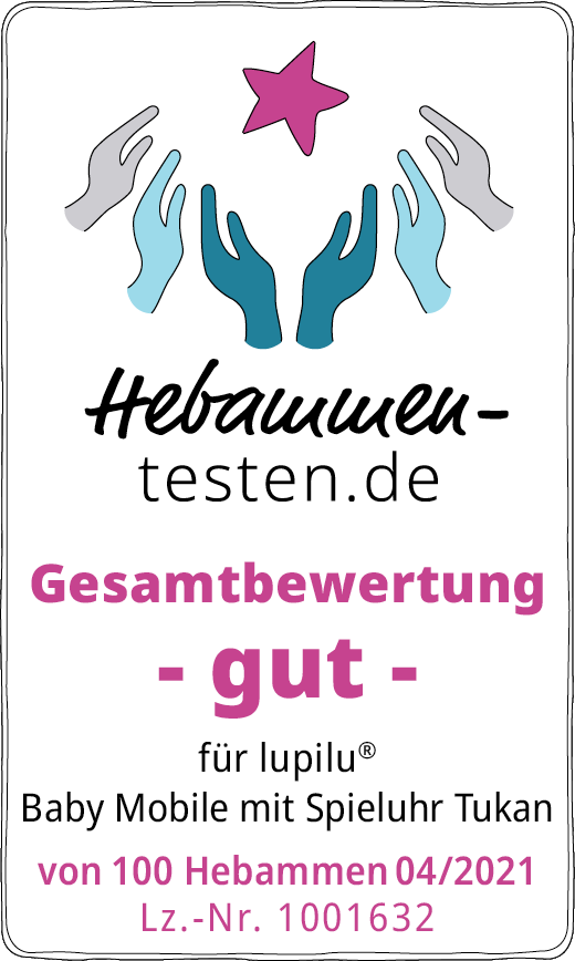 Hebammen-testen.de Siegel für lupilu® Baby Mobile mit Spieluhr Tukan Gesamtbewertung gut von 100 Hebammen im April 2021 getestet.