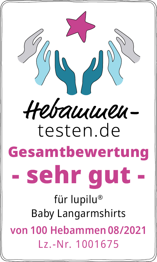 Hebammen-testen.de Siegel für lupilu Baby Langarmshirts Gesamtbewertung sehr gut von 100 Hebammen im August 2021 getestet.