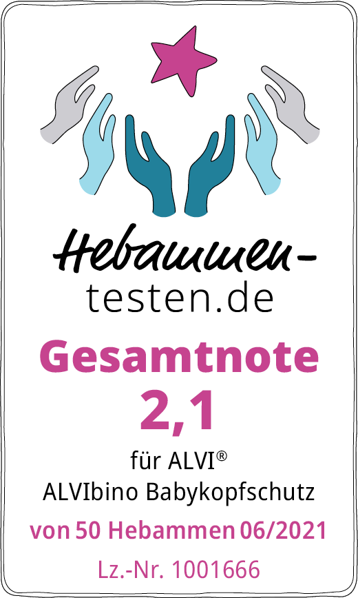 Hebammen-testen.de Siegel für ALVI ALVIbino Babykopfschutz Gesamtnote 2,1 von 50 Hebammen im Juni 2021 getestet.