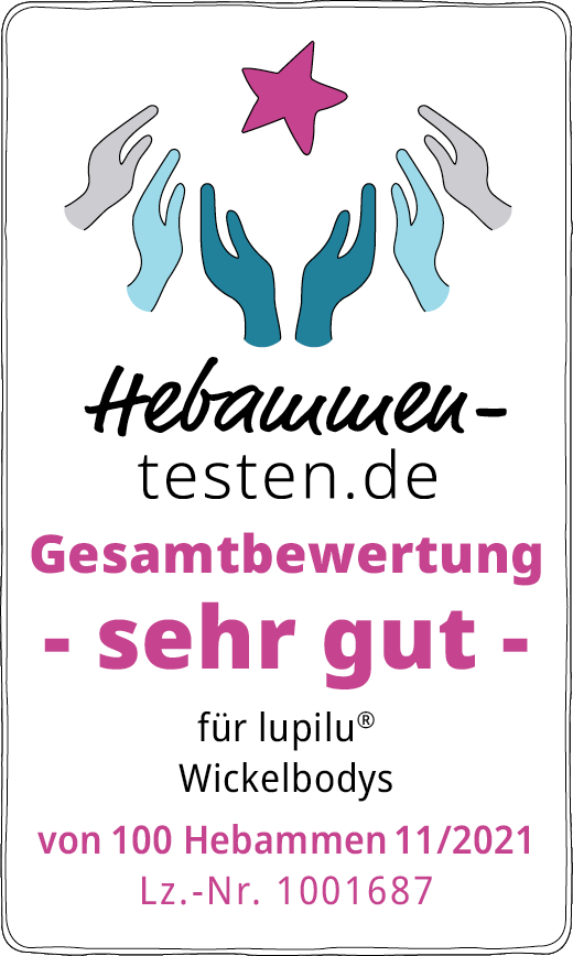 Hebammen-testen.de Siegel für lupilu Wickelbodys Gesamtbewertung sehr gut von 100 Hebammen im November 2021 getestet.