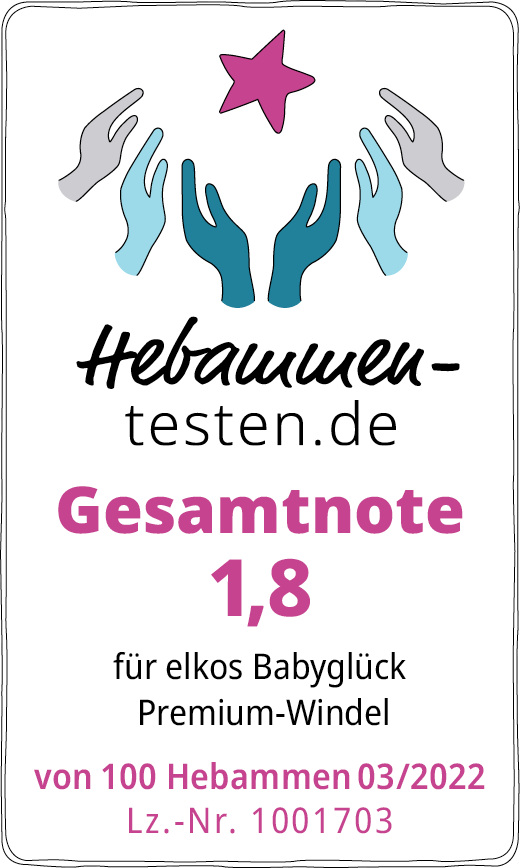 Hebammen-testen.de Siegel für elkos Babyglück Premium-Windel Gesamtnote 1,8 von 100 Hebammen im März 2022 getestet.